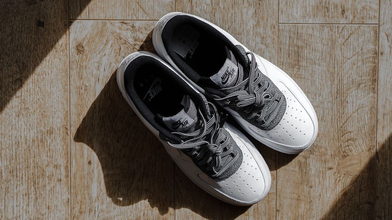 Services White sneakers displayed on a wooden floor with natural lighting, showcasing fashion footwear.